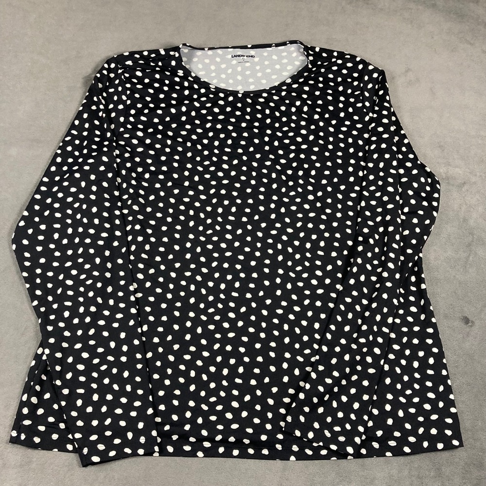 Lands End Womens XL Black White Polka Dot Long Sleeve Crew Neck Top Stretch